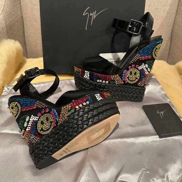 GIUSEPPE ZANOTTI LOLAS SAND, VERNICE NERO TOMAIA , LOVE & PEACE Wedge size EU 36 - Picture 11 of 15